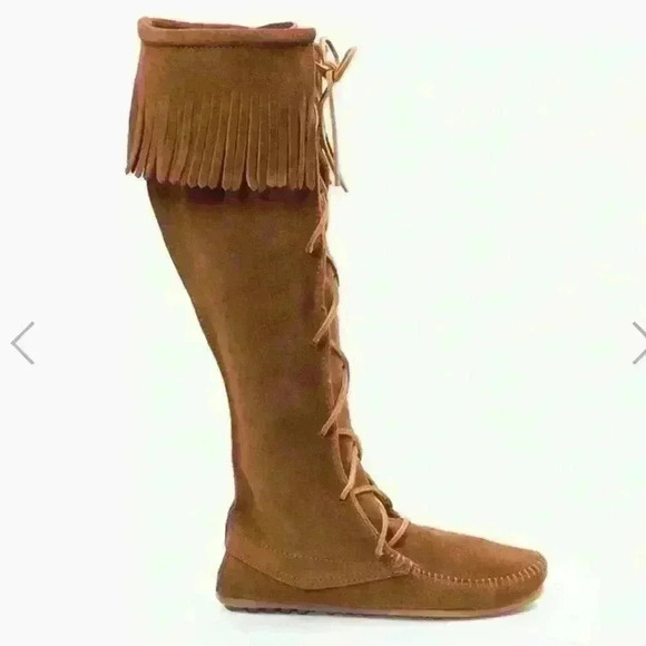 NWOT Minnetonka Front Lace Knee High fringe soft suede leather Boot - Picture 4 of 10
